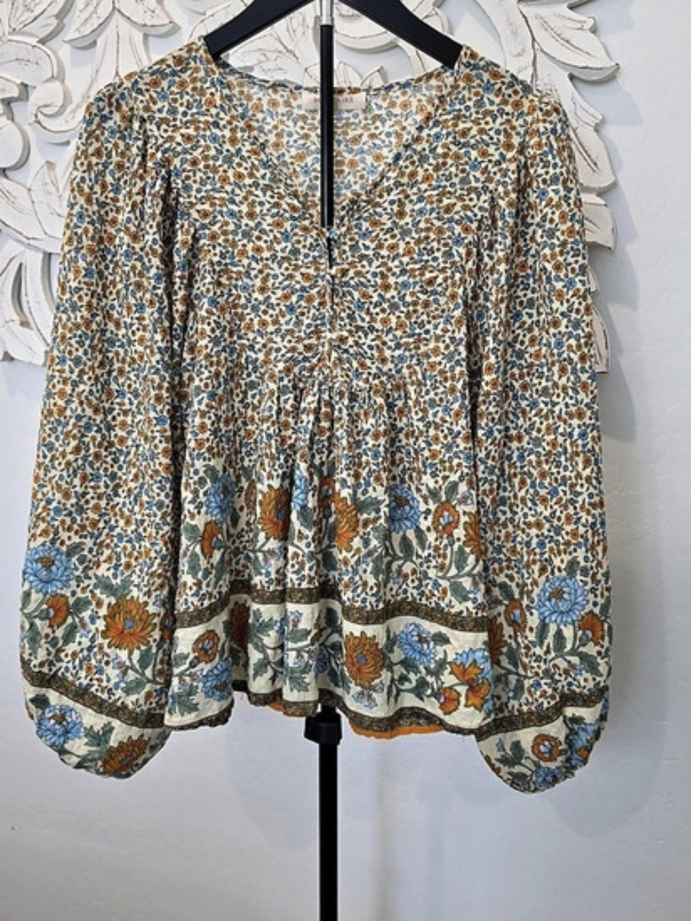Solitaire Floral BOHO Peasant Blouse in Blue & Orange Women's Size Medium